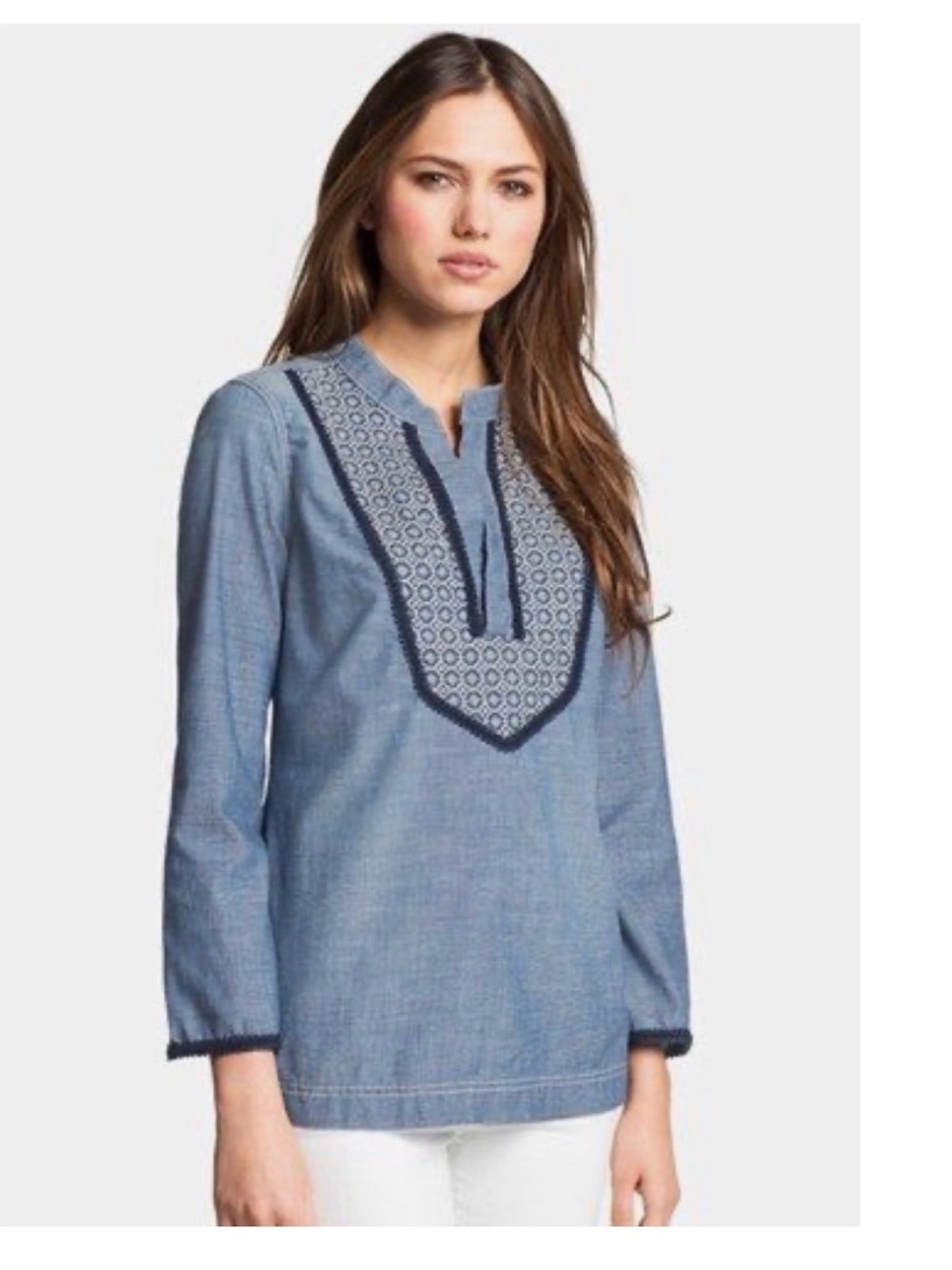 Tory Burch Light Blue Chambray Embroidered Bib Tunic